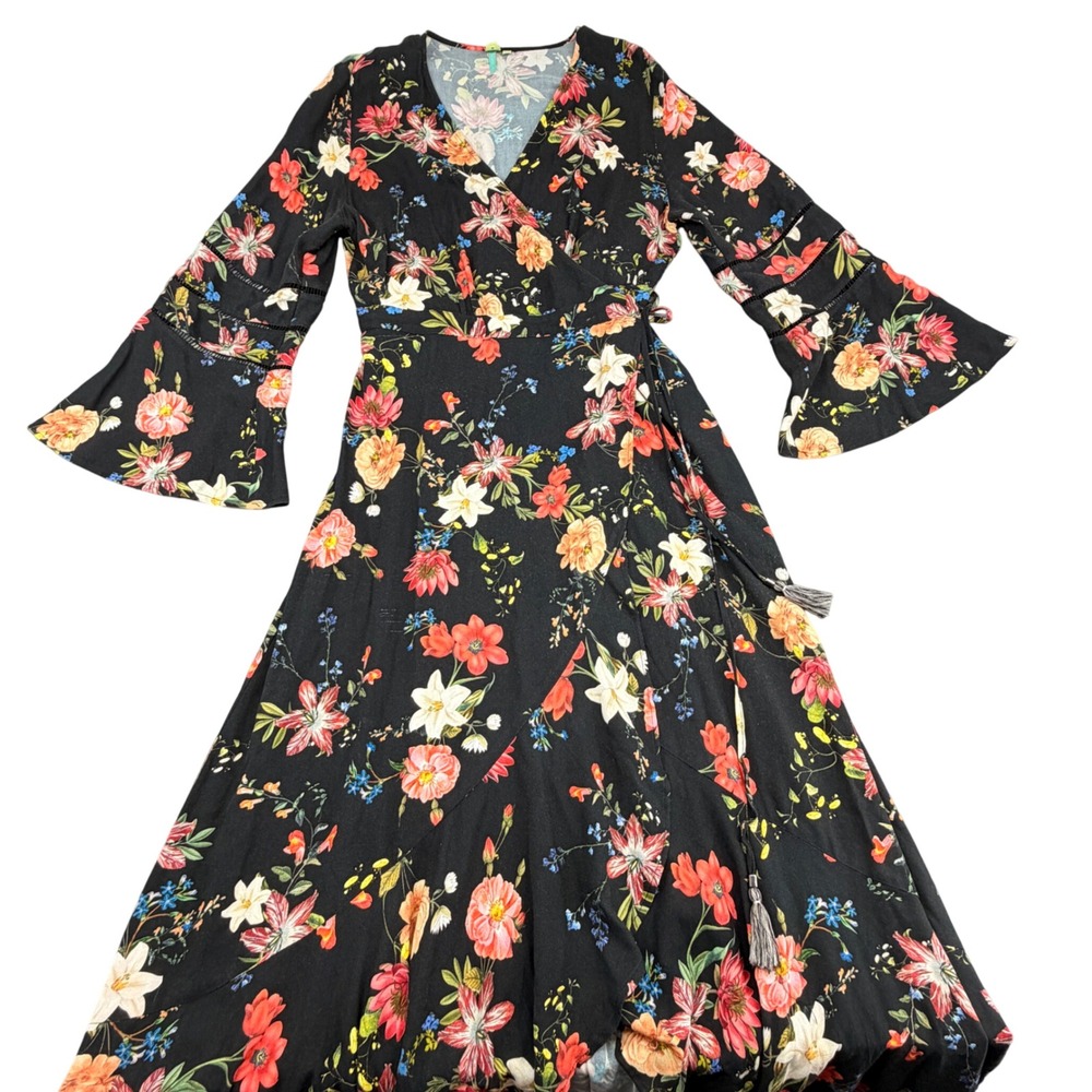 Farm Rio Black Floral Wrap Maxi Dress Bell Sleeve Tassel Boho Women Large L - Picture 2 of 10